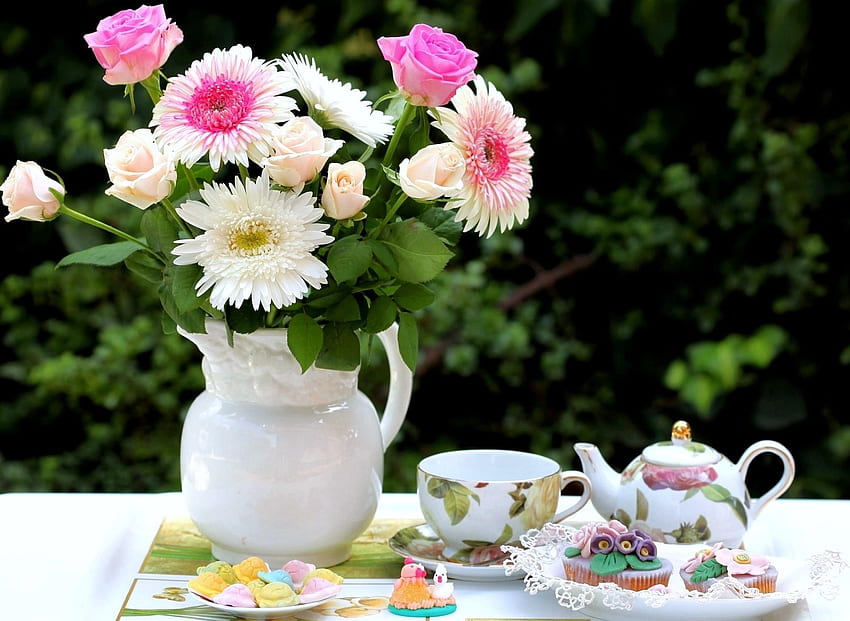 Flowers, Roses, Chrysanthemum, Bouquet, Jug, Tea-Set, Tea Set, Treats HD wallpaper