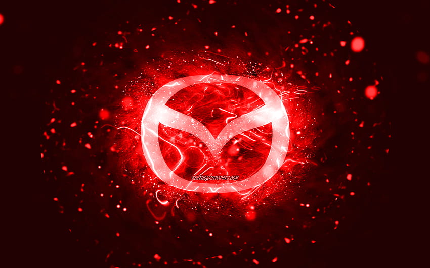 Czerwone logo Mazda, czerwone neony, kreatywne, czerwone abstrakcyjne tło, logo Mazda, marki samochodów, Mazda Tapeta HD