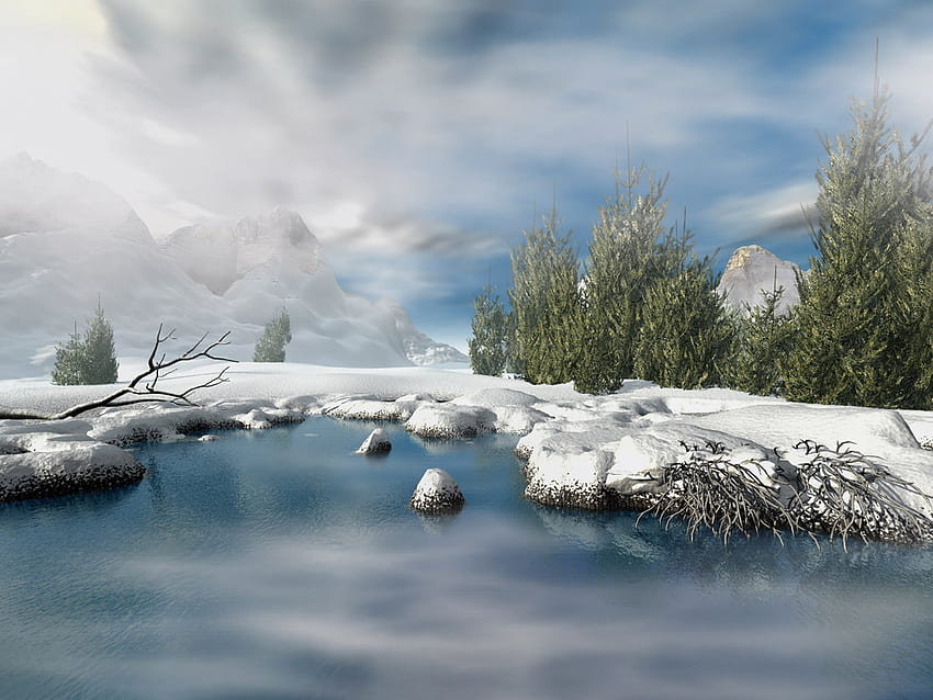 Winterlandschaft, Winter, blau, , Schönheit, Hintergrund, Nebel, Schnee, Bäume, Berge, Wasser, weiß, gefroren, Landschaft, beliebt, kalt, Jahreszeiten, See, Wolken, Natur, Himmel, Eis HD-Hintergrundbild