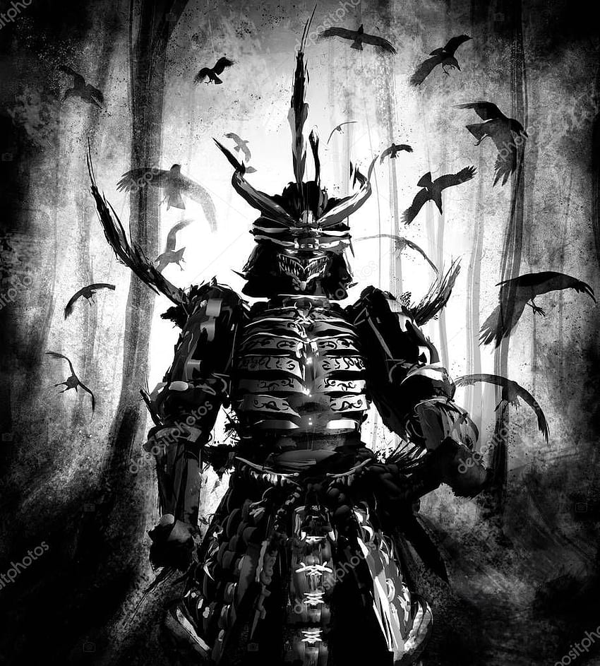 Armor Setan Samurai Jepang Berdiri Hutan Dikelilingi Kawanan Gagak - Stoc wallpaper ponsel HD
