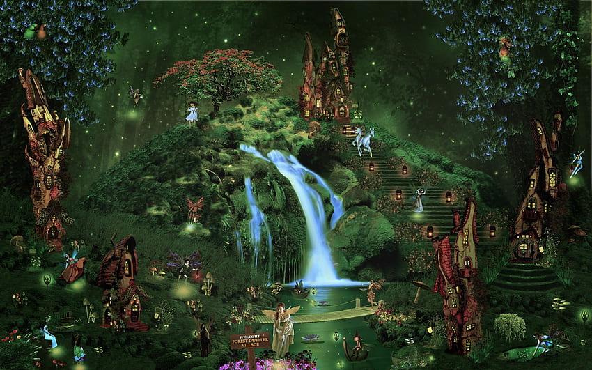 castelo cidade floresta cachoeira fada elf fundo mágico. Castelo de fantasia, fada, cachoeira da floresta, jardim de fadas papel de parede HD