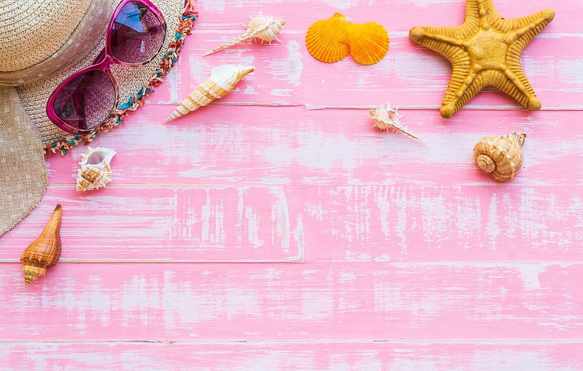 stars, hat, glasses, shell, summer, beach, pink background, wood, pink, marine, starfish, seashells for , section разное - HD wallpaper