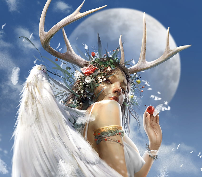 Anioł zmiany sezonu, frumusete, biały, rogi, sztuka, wspaniały, anioł, dziewczyna, sutthiwat dechakamphu, wspaniały, pora roku, fantasy, wiśnia, owoc, luminos, niebieski, księżyc, skrzydła, luna Tapeta HD