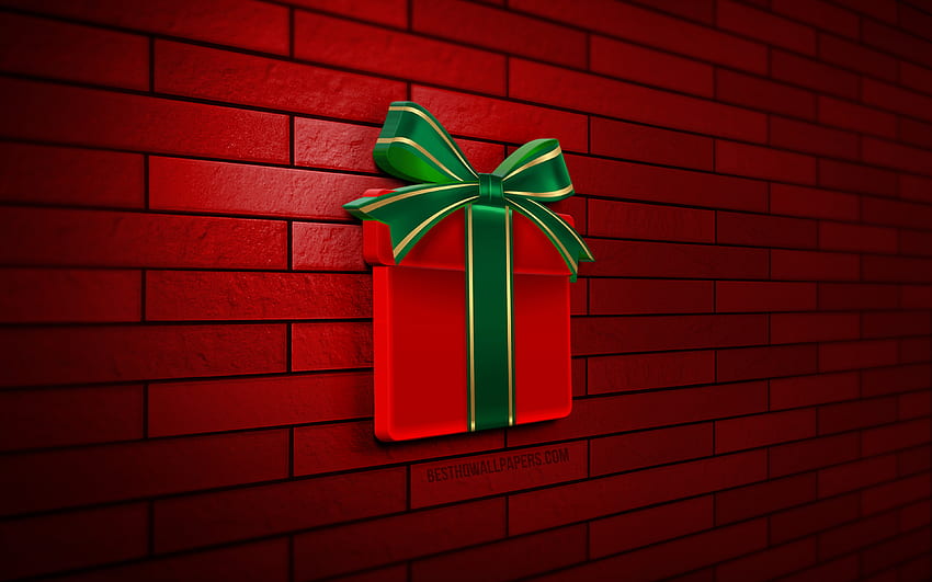 Kotak Hadiah Merah 3D, dinding bata merah, kreatif, Selamat Tahun Baru, ikon Kotak Hadiah, seni 3D, bintang, Kotak Hadiah Merah, Selamat Natal Wallpaper HD