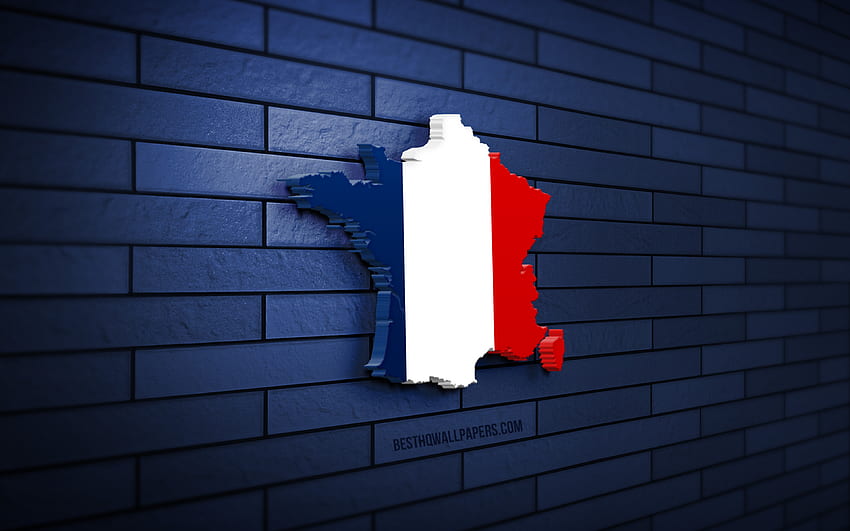 France map, , blue brickwall, European countries, France map silhouette, France flag, Europe, French map, French flag, France, flag of France, French 3D map HD wallpaper