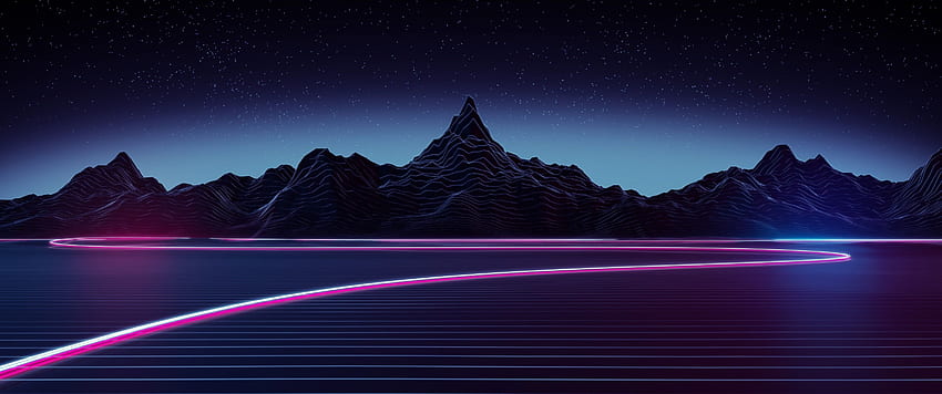 Synthwave, Landscape, Neon Light, Mountain, Retrowave, 3440X1440 Neon HD wallpaper