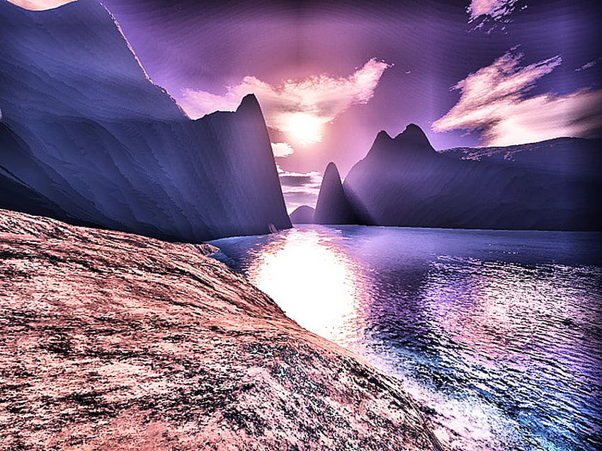Durch die Dämmerungen frühes Licht, Reflexionen, Sonnenaufgang, Felsen, Klippen, Licht, Wolken, Himmel, Wasser, Blau und Rosa HD-Hintergrundbild