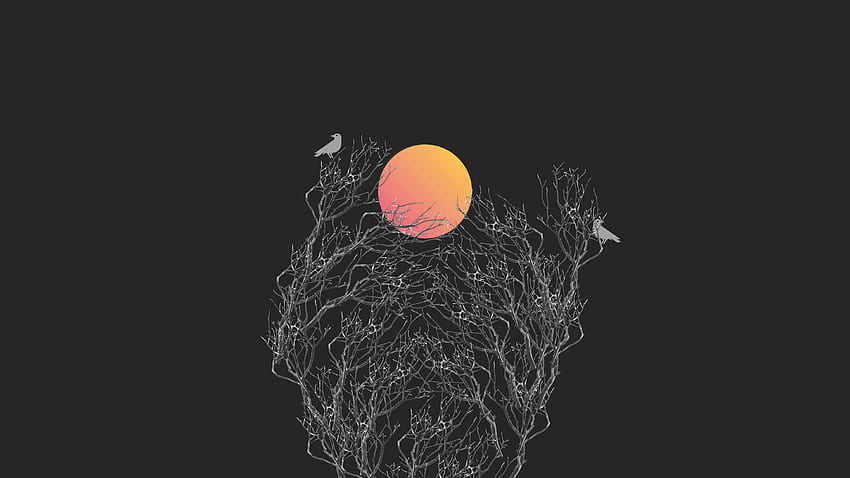 Moon, tree, birds, minimal, art HD wallpaper
