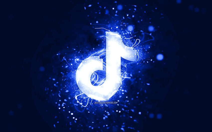 TikTok logotipo azul escuro, luzes de néon azul escuro, criativo, fundo abstrato azul escuro, logotipo TikTok, rede social, TikTok papel de parede HD
