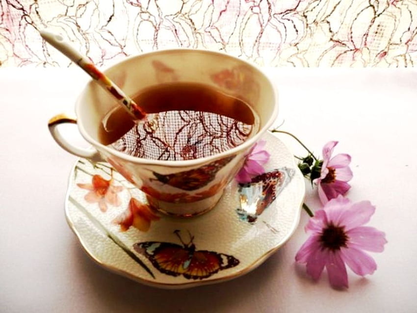 Чаша чай, чай, чаша, красота, натюрморт, флорален модел, пеперуда, абстрактно, цветя, порцелан HD тапет