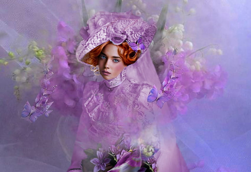 Vintage Lilac, hat, colorful, blue, vibrant, bird, girl, purple, vivid, green, bright, bold, redhead, flowers HD wallpaper