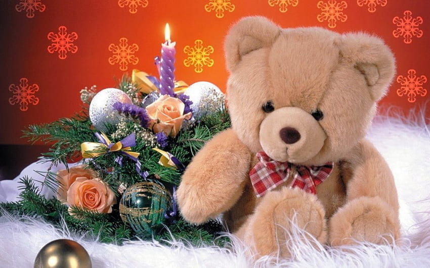 Happy Bear, artwork, candle, christmas, ornaments, balls HD wallpaper