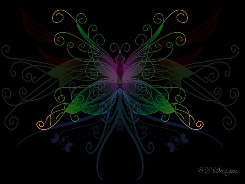 Kupu-kupu abstrak, warna-warni, hitam, warna, gelap, beraneka warna, neon, kegelapan, kupu-kupu, 3d, abstrak Wallpaper HD