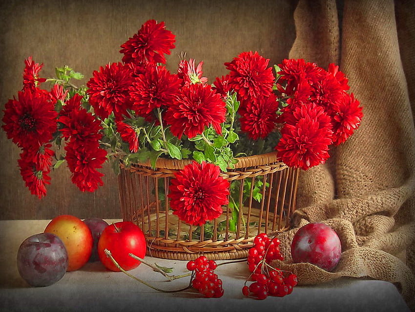 Martwa natura, piękne, owoce, ładne, koszyk, delikatne, jabłka, ładne, czerwone, kwiaty, harmonia Tapeta HD