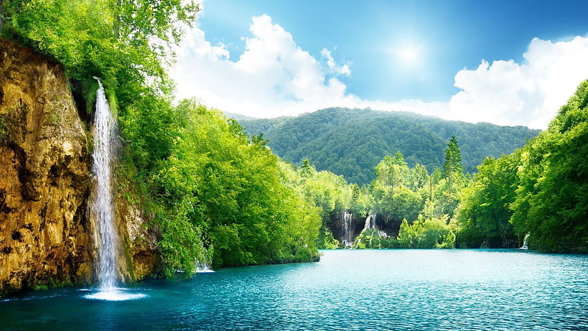 Landschaft, Wolken, Grün, Baum, Wasserfall, Weiß, Natur HD-Hintergrundbild