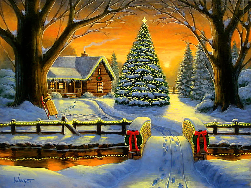 山のクリスマス、冬、平和、絵画、雪、日没、霜、芸術、美しい、木、山、そり、クリスマス、光、コテージ、氷、村、田舎 高画質の壁紙