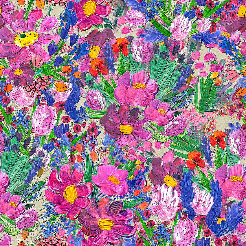 Nahtloses Muster mit schönen Blumen. Aquarell- oder Acrylmalerei. Blumenhintergrund. Wildblume mit rosa Wildrose, Lavendel und Pappy. Natur künstlerisches Druckdesign Zeichnung HD-Handy-Hintergrundbild