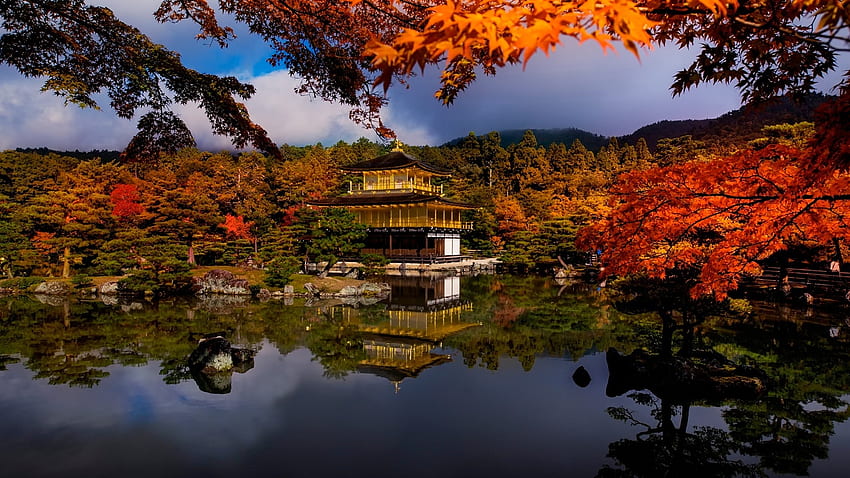 日本の秋の公園、反射、家、木々、秋、自然、湖、公園 高画質の壁紙