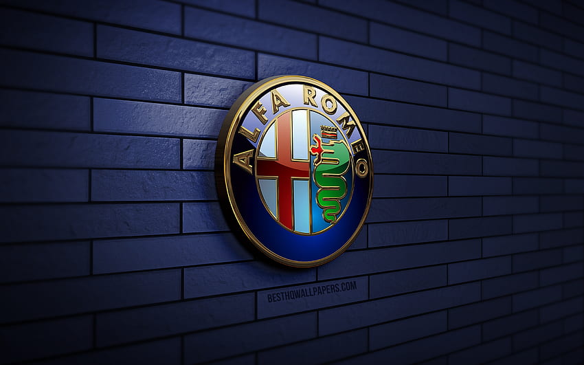 Logotipo en 3D de Alfa Romeo, pared de ladrillo azul, creativo, marcas de automóviles, logotipo de Alfa Romeo, arte en 3D, Alfa Romeo fondo de pantalla