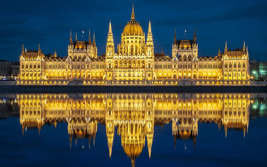 Prédio do Parlamento Húngaro em Budapeste Hungria Reflexão Noite Ultra 3840х2400, Paisagem Húngara papel de parede HD