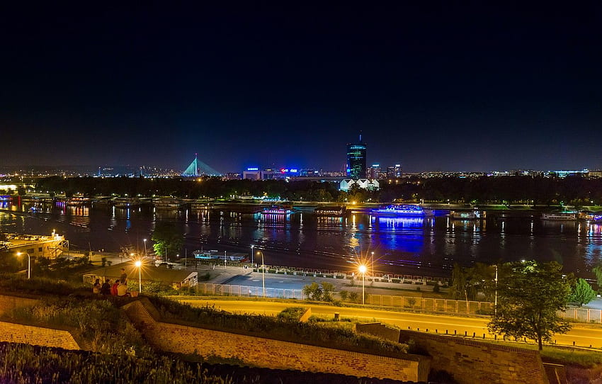 night, lights, river, home, lights, promenade, Belgrade HD wallpaper
