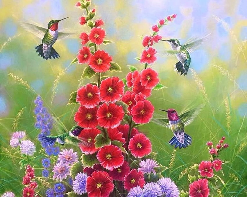 Blissful of Summer , birds, attractions in dreams, colors, paintings, spring, summer, love four seasons, hummingbirds, nature, flowers HD wallpaper