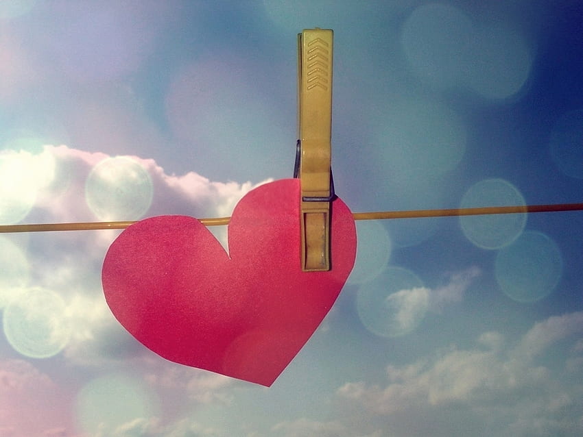 Heart, blue, graphy, pin, rope, red heart, love, sky, cloud HD wallpaper