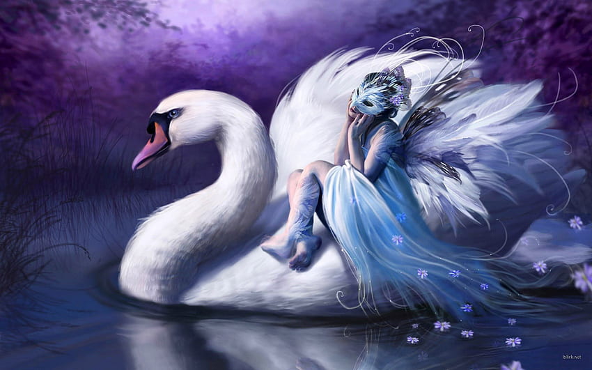 swan queen , mask, feathers, 3d, water, graceful, wings, faerie, bird, girl, elf, lake, woman, purple, fairy, fantasy, winged, swan HD wallpaper