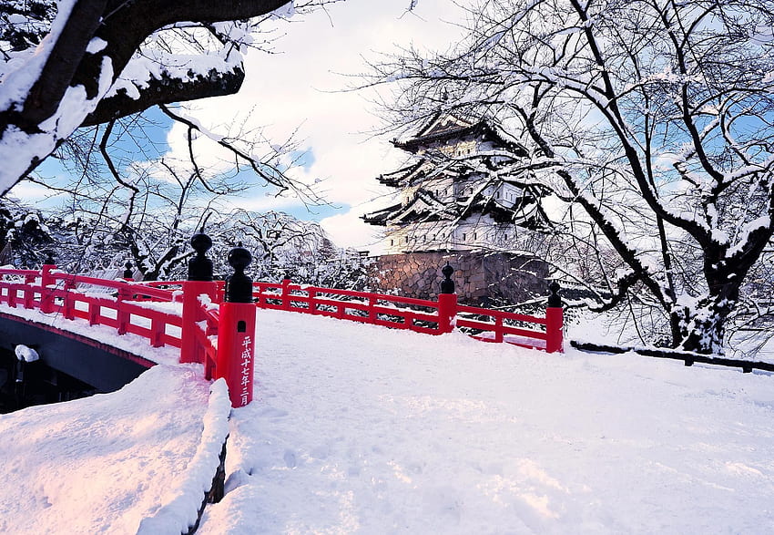 Winter: Japanese Garden Winter Snow River Trees Bridge High Quality HD wallpaper