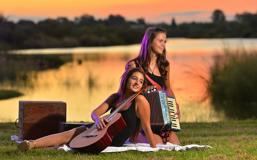 Two girls, guitar, accordion, music HD wallpaper