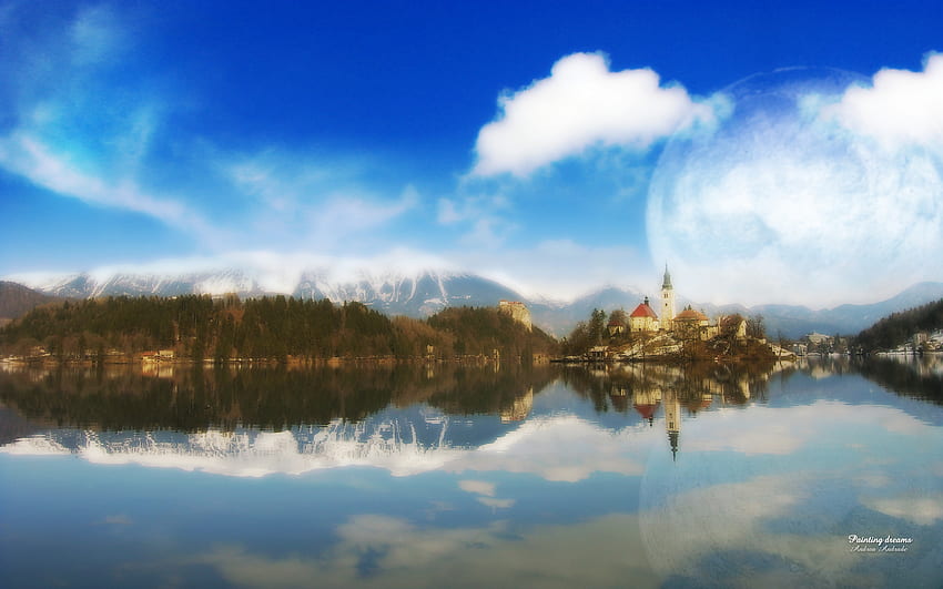 Картина Мечти, синьо, луна, Андреа Андраде, езеро HD тапет