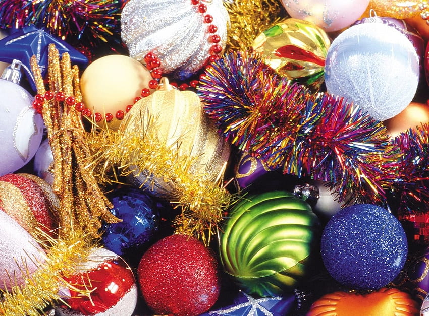 Holidays, Multicolored, Christmas Decorations, Christmas Tree Toys, Tinsel, Balls, Sequins, Attributes HD wallpaper