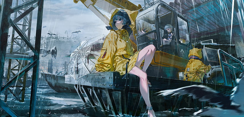 Anime girls on boat, rain, original HD wallpaper