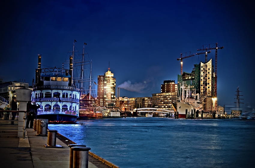 Пристанище Хамбург вечерта, сгради, Германия, река, кораб HD тапет