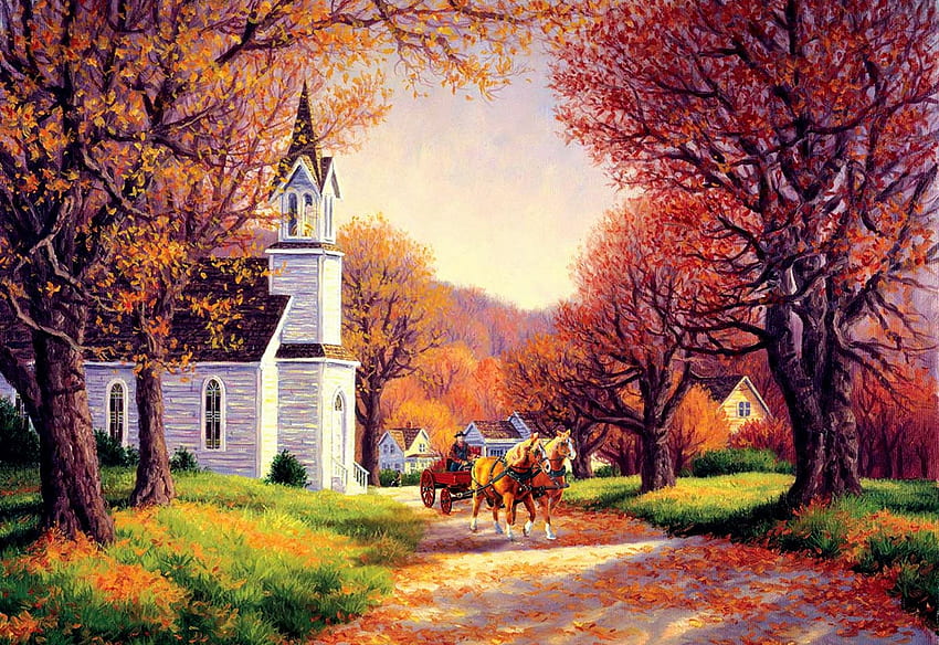 Път до църквата, произведения на изкуството, коне, листа, , параклис, есен, дървета, количка HD тапет