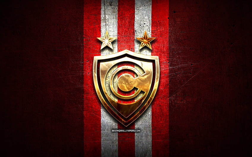 Cienciano FC, złote logo, Liga 1 Apertura, czerwone metalowe tło, piłka nożna, peruwiański klub piłkarski, logo CS Cienciano, piłka nożna, CS Cienciano Tapeta HD