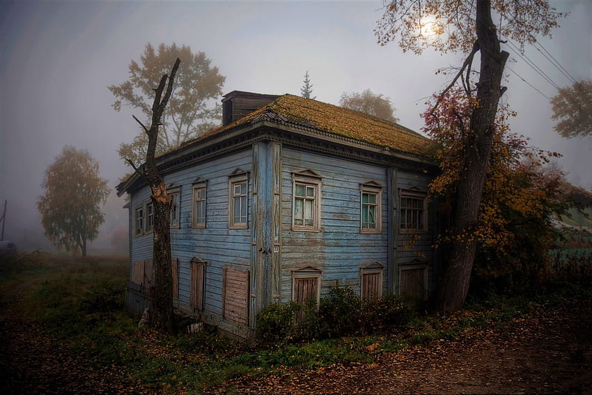 Abandoned House in Foggy Moonlit Night, Fog, Nights, Moonlight, Nature, houses, Sky HD wallpaper