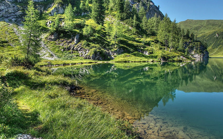 Nature, Grass, Sky, Mountains, Lake HD wallpaper