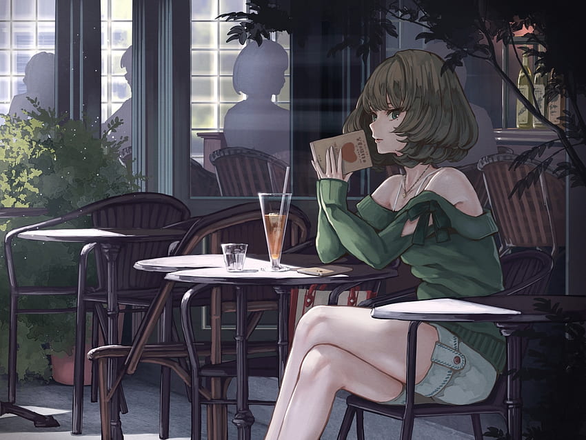 Cafe, chair, blouse, juice, cute, beauty, nice, lady, maiden, pant, short hair, glasses, adorable, female, table, sweet, girl, beautiful, kawaii, anime girl, anime, pretty, lovely, drink HD wallpaper