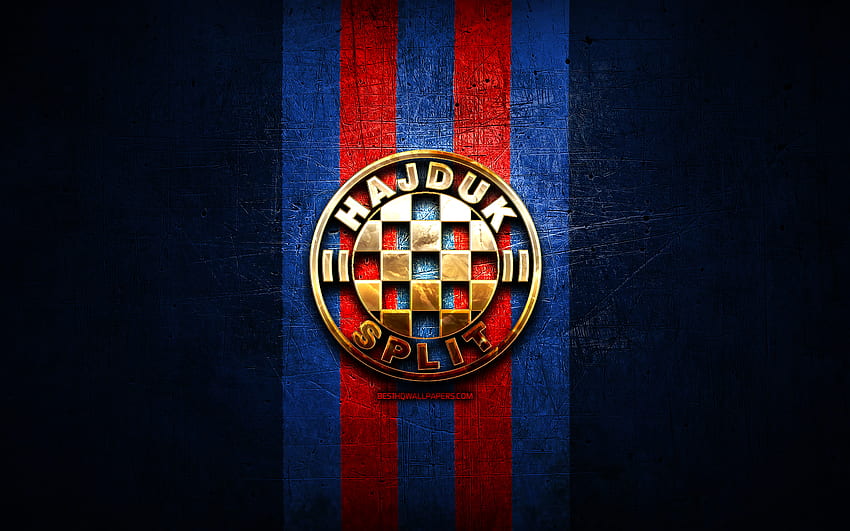 Hajduk Split FC, logo doré, HNL, fond métal bleu, football, club de football croate, logo Hajduk Split, football, HNK Hajduk Split Fond d'écran HD