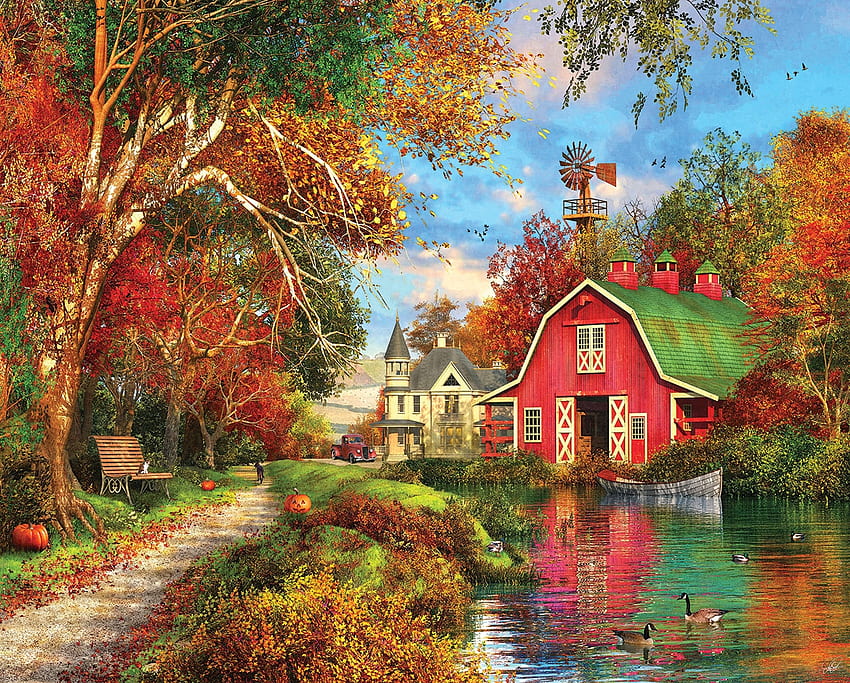 秋の納屋、ボート、川、車、家、パス、アートワーク、カボチャ、葉、絵画、木、ビクトリア朝、田舎 高画質の壁紙
