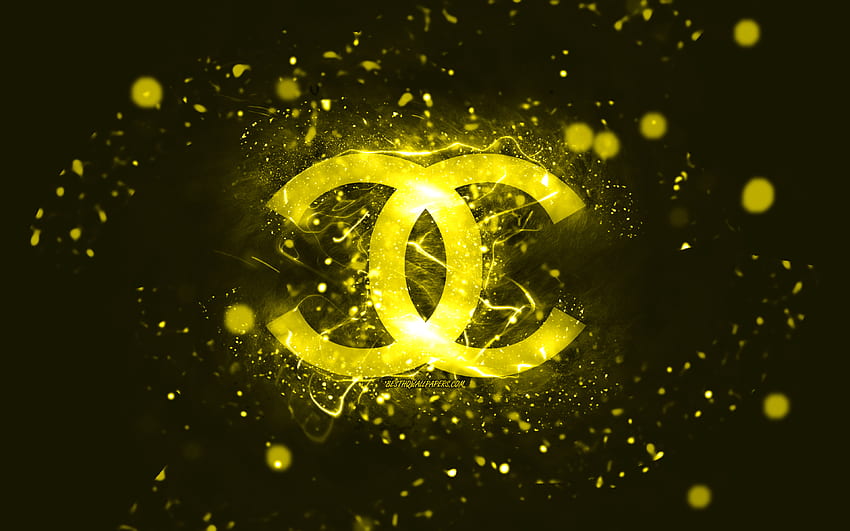 Chanel yellow logo, , yellow neon lights, creative, yellow abstract background, Chanel logo, fashion brands, Chanel HD wallpaper