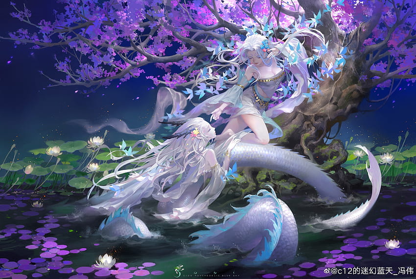 งูขาว สีฟ้า ขาว frumusete งูขาว งดงาม หญิงสาว ต้นไม้ สีม่วง ยอดเยี่ยม เหวยเฟิง คู่ ลูมิโน น้ำ วอลล์เปเปอร์ HD