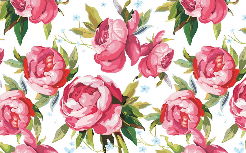 ピンクのバラ、白、バラ、ピンク、花、緑、テクスチャ、葉、パターン 高画質の壁紙