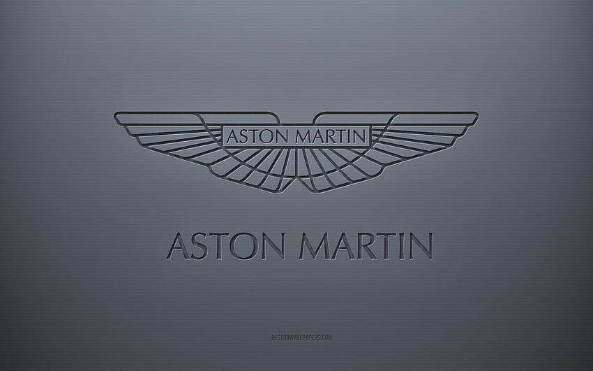 アストン マーティンのロゴ、灰色の創造的な背景、アストン マーティンのエンブレム、灰色の紙のテクスチャ、アストン マーティン、灰色の背景、アストン マーティンの 3 d ロゴ 高画質の壁紙