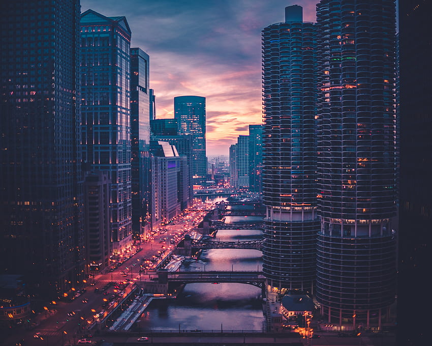 Città, ponti, grattacieli, sera, Chicago Sfondo HD