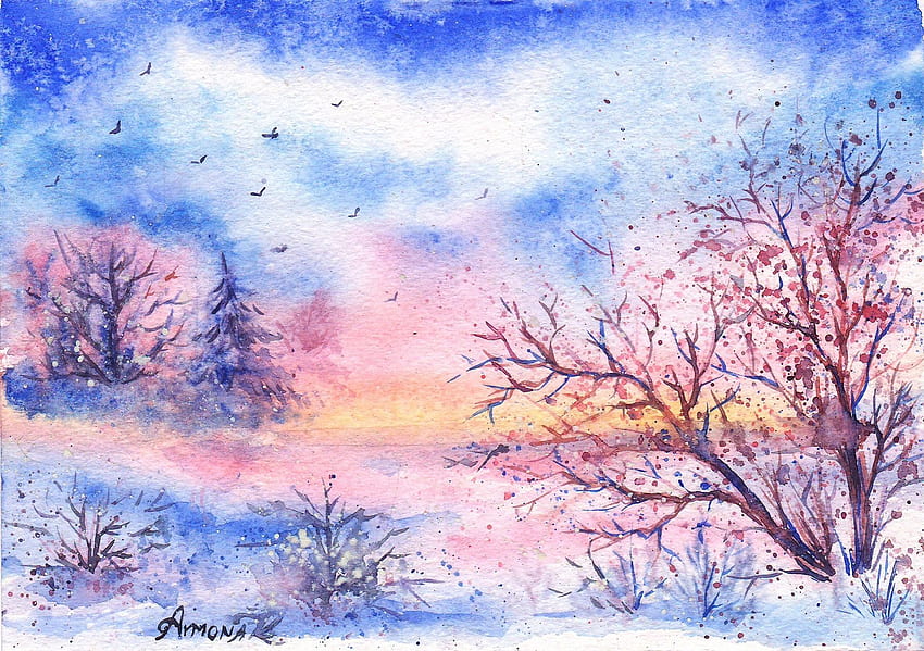 winter, snow, trees, birds, watercolor, painted HD wallpaper