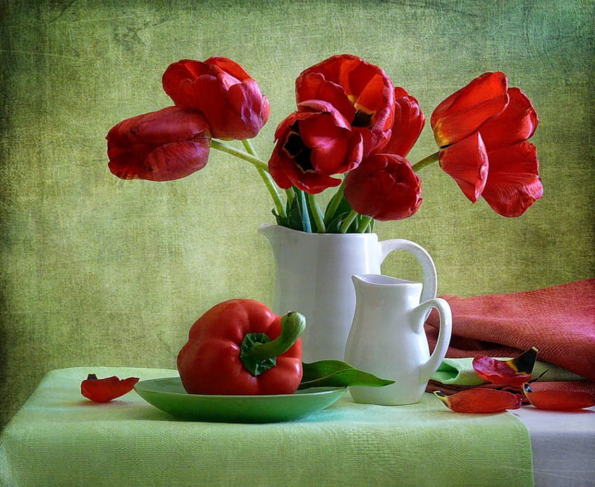 Nice Combination, still life, table, bell pepper, plate, red, table cloth, pitchers, tulips HD wallpaper