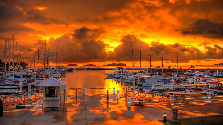 Sky: Fiery Sunset Marina Boats Fire Sky Ios 8 for 16:9, Heaven Fire HD wallpaper