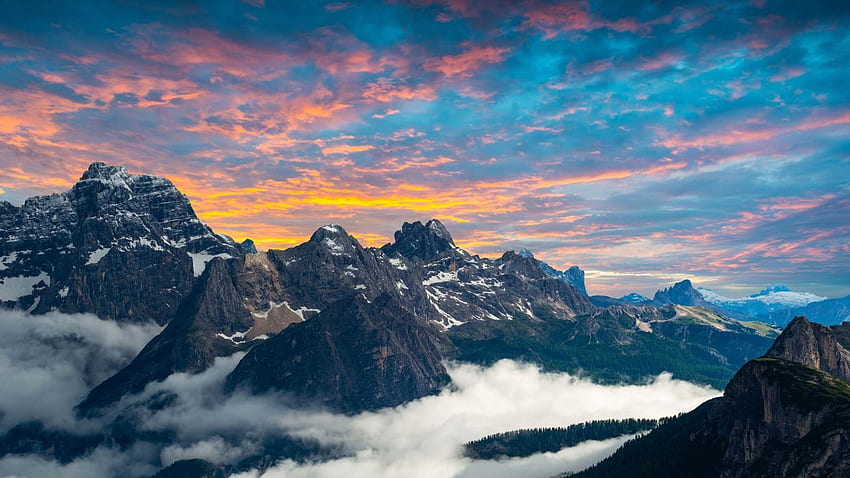 Three Peaks, Tre Cime di Lavaredo, Dusk, Dolomites HD wallpaper